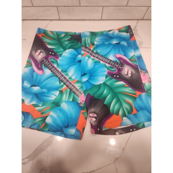 Vintage 80s Jams Surf Line Hawaii Shorts Blue Floral Guitar Print Size‎ Medium